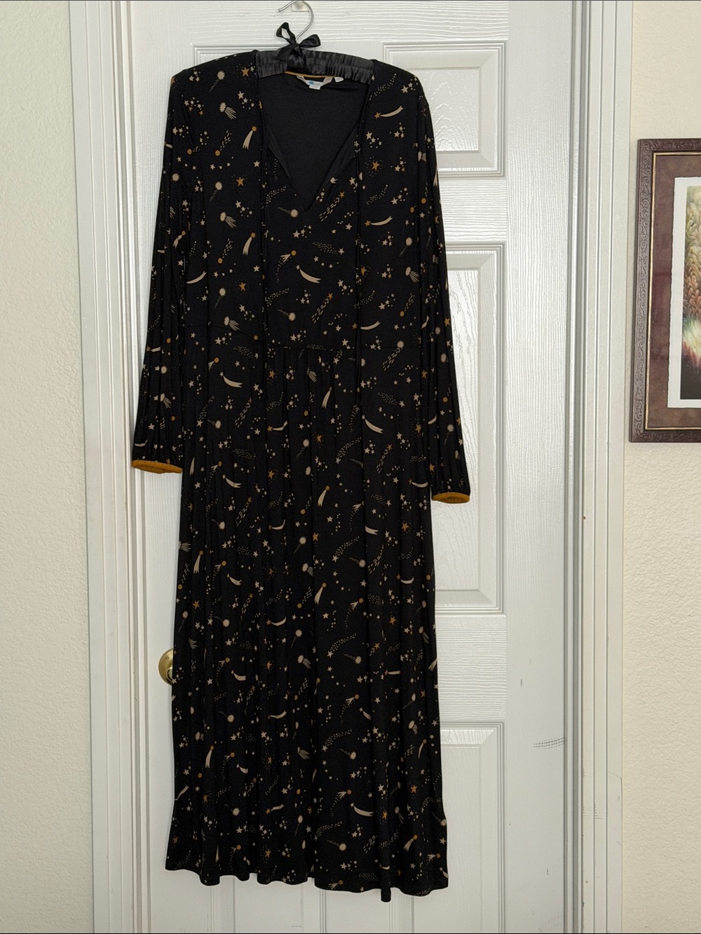 Boden Black Maxi Dress with Gold Star and Comet Print